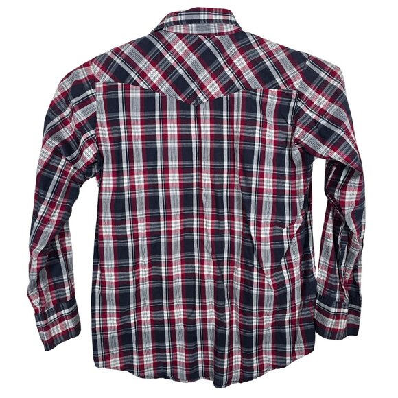 Bit &‎ Bridle Red & Navy Plaid Long Sleeve Western Shirt With Pearl Snap Buttons - Picture 3 of 6